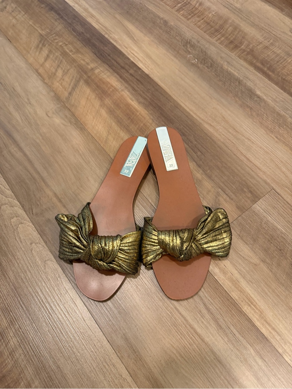 Zara Metallic Gold Knot Slide Mules